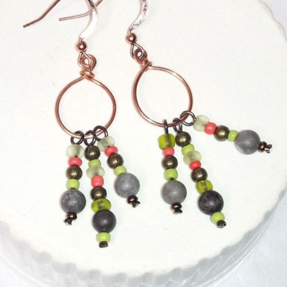 NEW Earrings Jasper gray gemstones earrings seed beads orange green fr 147#fs